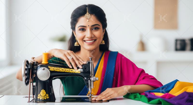 Joyful Indian woman crafting vibrant textiles on a vintage sewing machine.