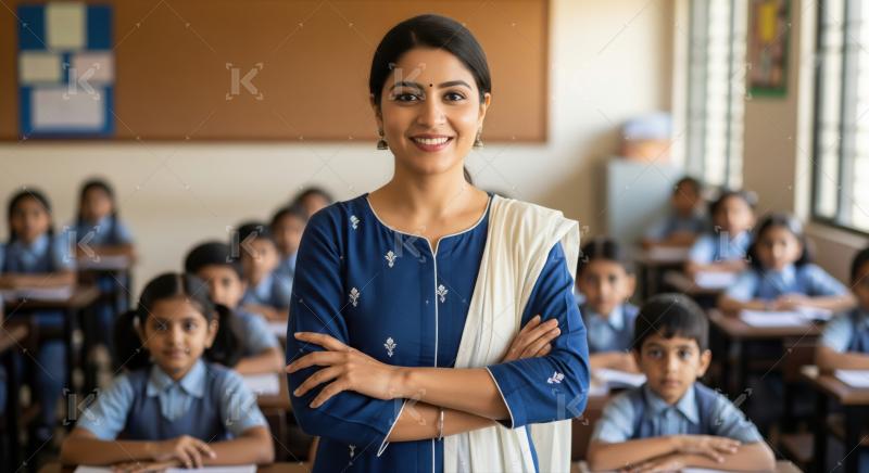 A beautiful Indian teacher standing proudly in her classroom.