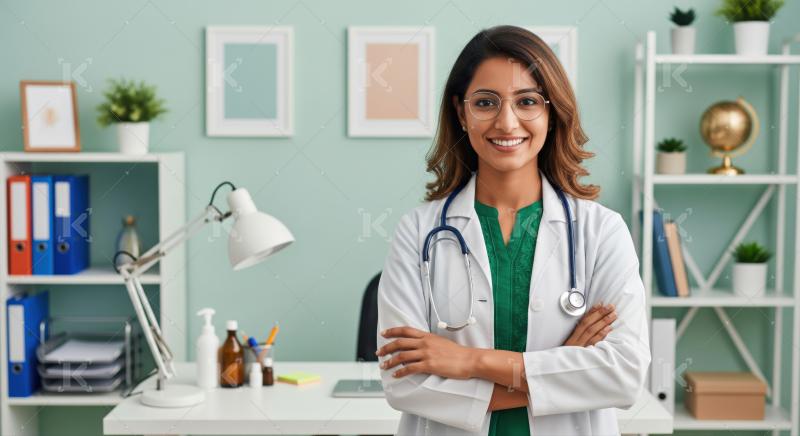 Professional Indian doctor smiling warmly in bright, modern office.