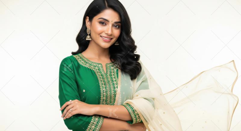 Stunning Indian woman in vibrant green ethnic wear posing confidently.