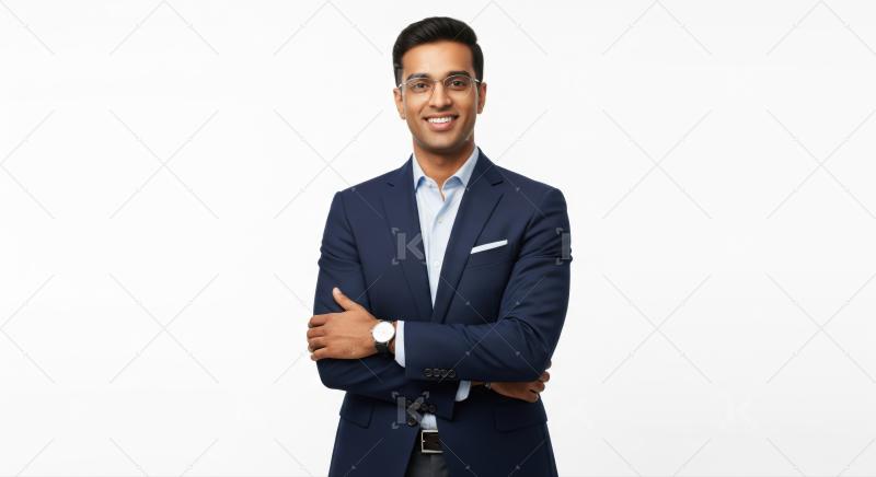 Professional young man in suit, glasses, smiling confidently.