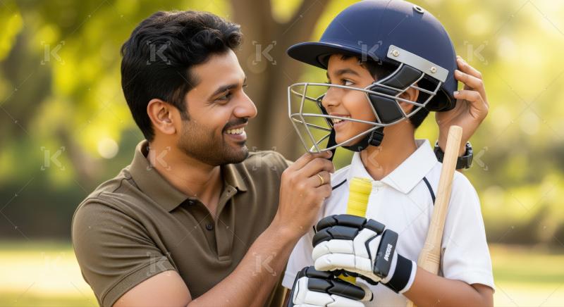 Happy father and son preparing for cricket practice together.