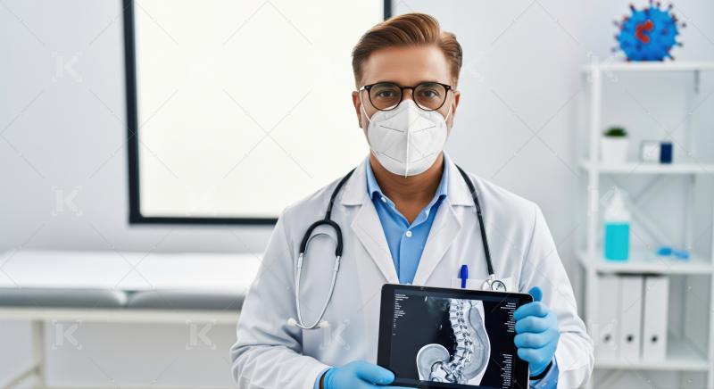 Medical professional presents digital spine scan results in a clinic.