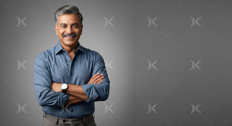Professional, confident South Asian man smiling warmly at camera.
