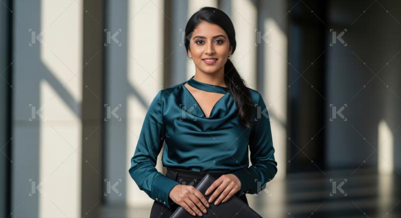 Professional Indian woman in teal blouse, standing confidently indoors.