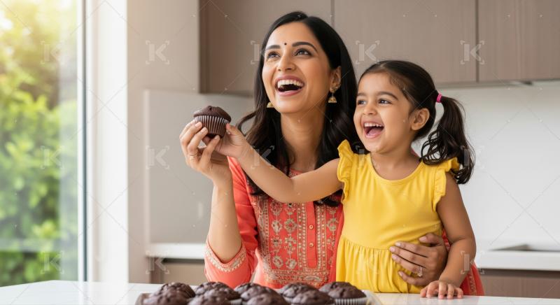 Happy Indian mom and daughter laughing, enjoying delicious homemade cupcakes.