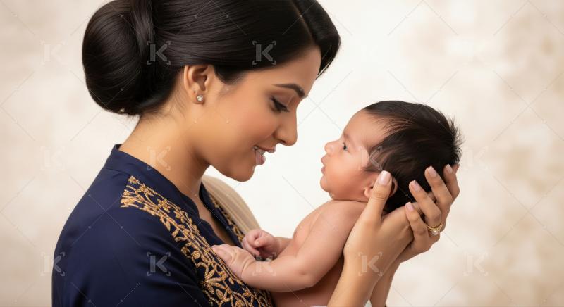 Tender Indian mother embraces her precious newborn baby lovingly.