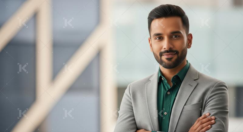 A confident young businessman in a modern office environment.
