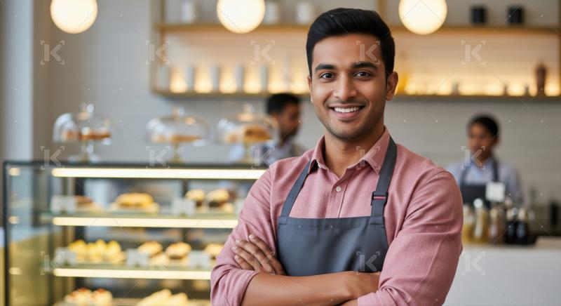 Confident male cafe owner smiles proudly in his vibrant bakery.