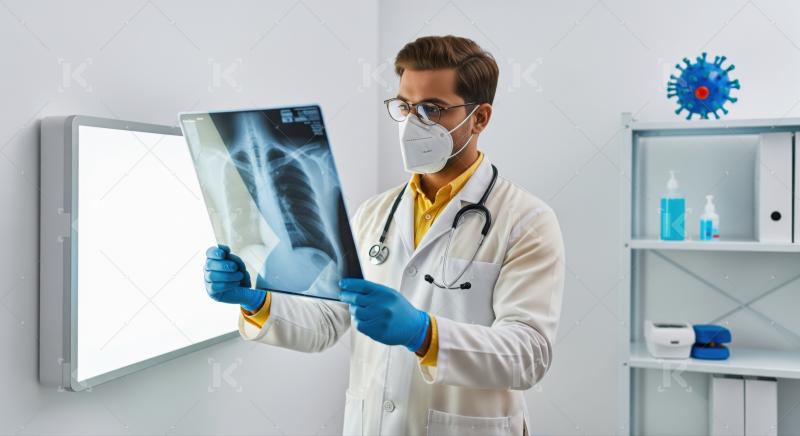 Doctor in mask, gloves reviews chest x-ray for diagnosis.