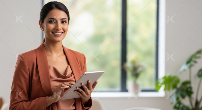 Professional woman confidently uses her tablet in a modern office.