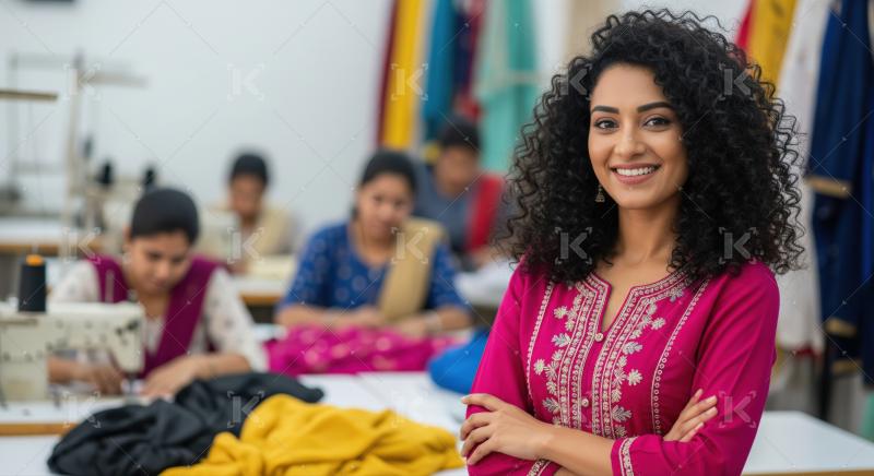 Confident Indian woman smiles in her bustling garment factory.