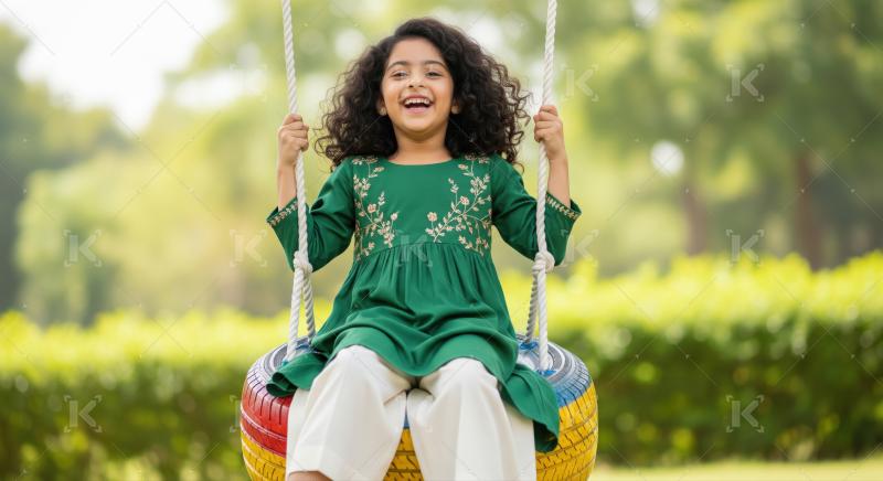 Happy Indian girl laughing cheerfully, playing on tire swing outdoors.