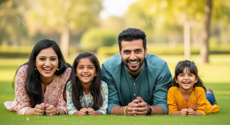 Joyful Indian family, parents and children, laughing in park.
