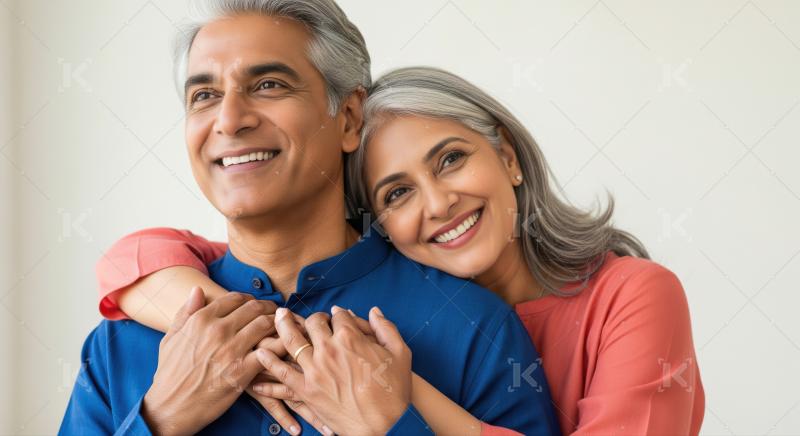 Happy Indian couple embracing, smiling, looking forward with contentment.