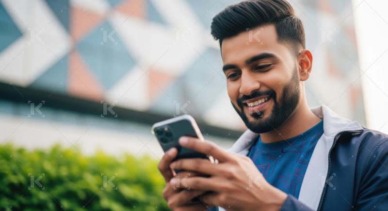 Happy Indian man smiling, interacting with his smartphone outdoors.
