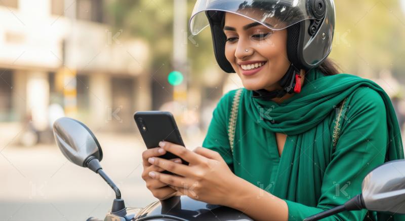 Smiling Indian girl on scooter, using phone in city.