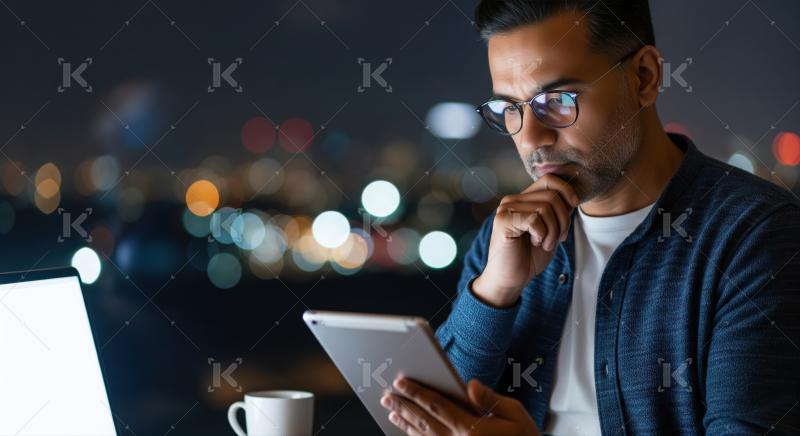 Professional man intently analyzing data on his tablet late at night.