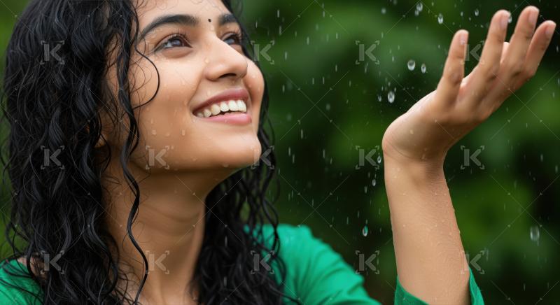 Young woman happily embracing refreshing monsoon rain, feeling the natural drops.