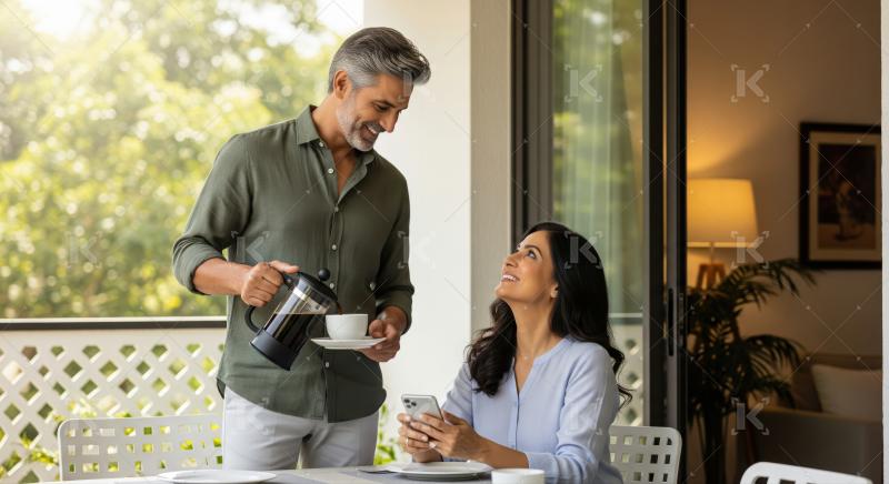 Loving couple enjoys coffee and conversation on their sunny balcony.