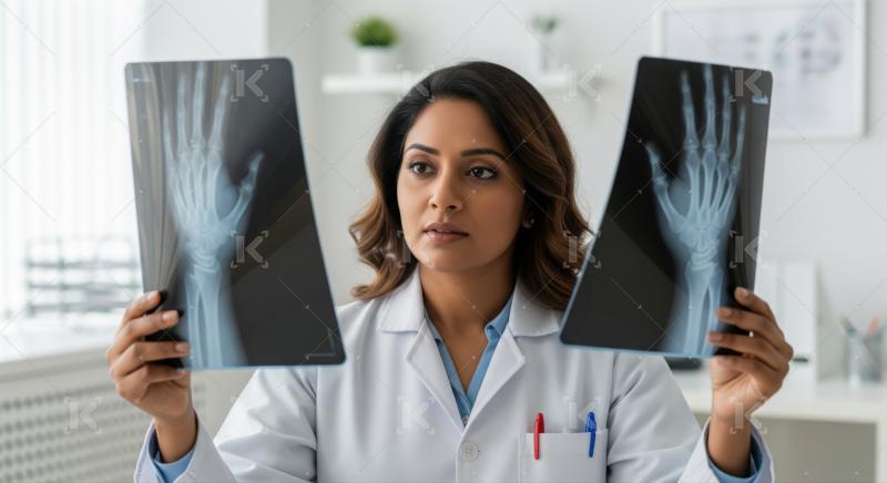 Medical professional intently analyzing hand X-rays for diagnostic purposes.