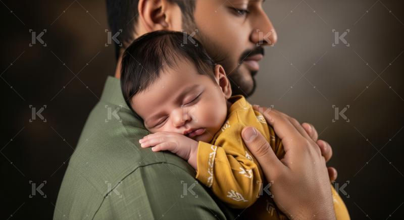 A loving father gently cradles his peacefully sleeping newborn.