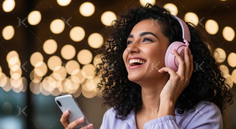 Joyful woman listens to music on phone with pink headphones.