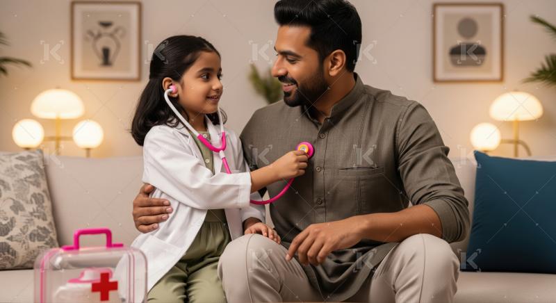 Adorable girl plays doctor, checking her father's heartbeat with a toy.