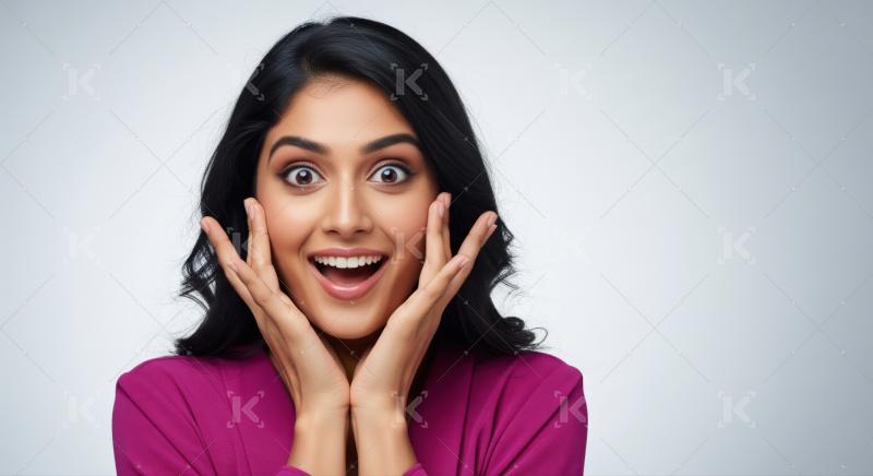 Beautiful woman expresses extreme happiness, surprise, and wide-eyed wonder.