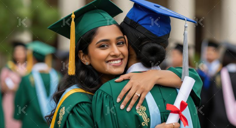 Happy female graduates hug, celebrating their academic milestone together.
