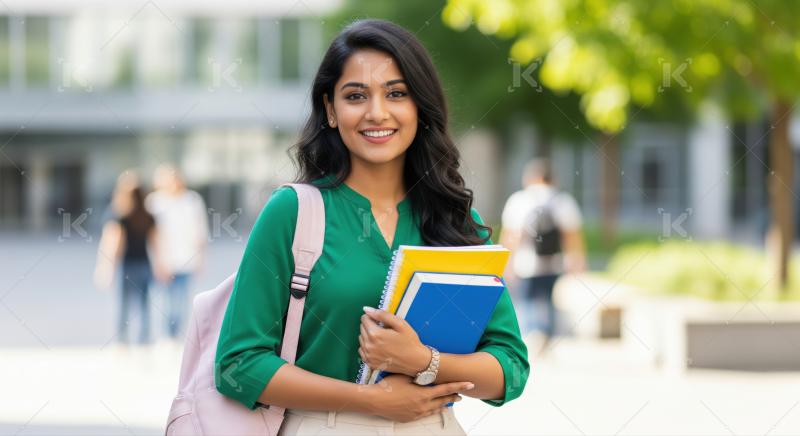 Cheerful young Indian woman, student, holding books at university.