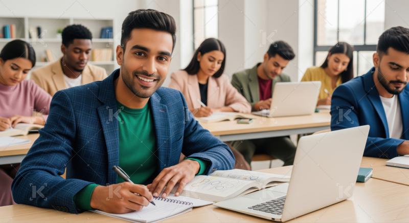 Diverse students learning diligently, with a smiling man in focus.