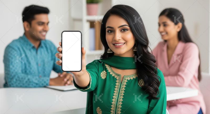 Cheerful Indian woman displaying a smartphone screen for your app.