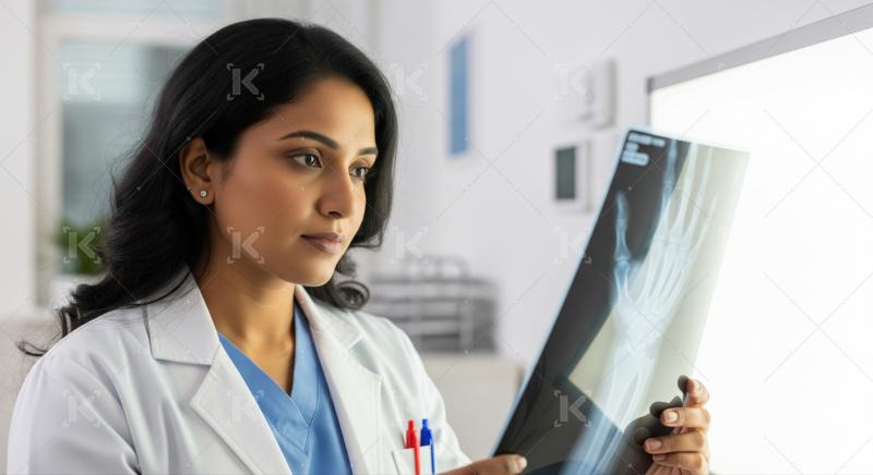 Concentrated female doctor meticulously examining patient's X-ray image in clinic.