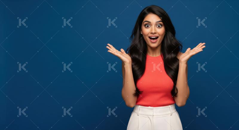 Young Indian woman expressing surprise with wide eyes and open hands.