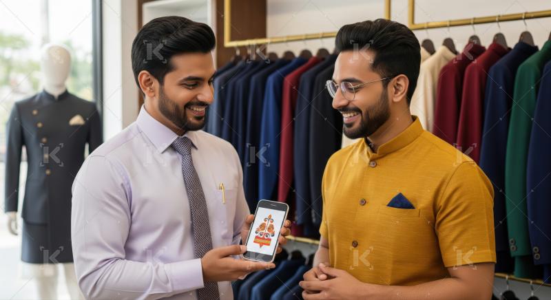 Happy Indian men exploring traditional fashion designs in boutique together.
