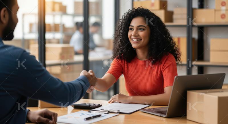 Two professionals shake hands, finalizing a new business agreement.