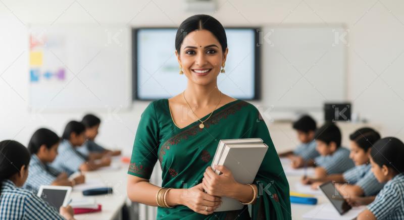 A confident Indian female teacher inspires students in a modern classroom.