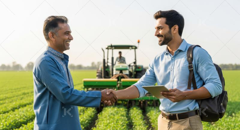 Agricultural professional and farmer shaking hands, discussing innovative farming solutions.