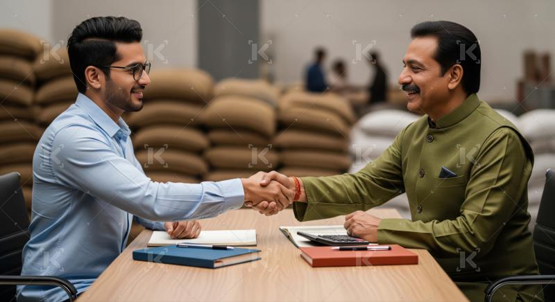 Successful business agreement between two Indian men in warehouse.
