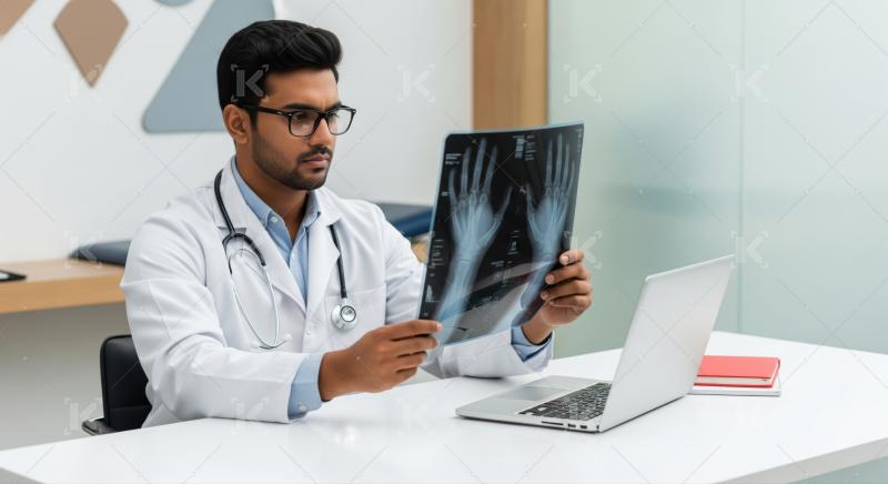 Focused physician examining hand X-ray results diligently in clinic.