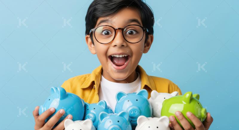 Happy child showing his colorful piggy bank collection excitedly.