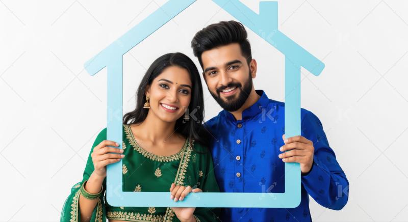Smiling Indian couple holding house frame, symbolizing home and happiness.