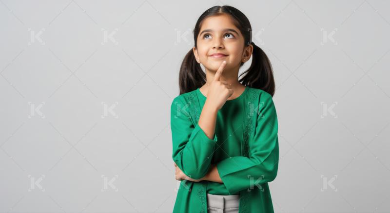 Curious young Indian girl thinking, looking up with bright eyes.