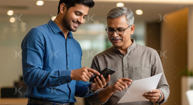 Two Indian men reviewing business information using phone and paper.