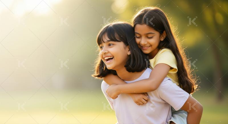 Joyful Indian girls playing together, sharing a happy piggyback moment.