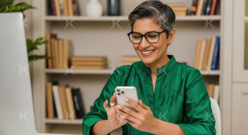 Happy woman connecting with phone in bright home office.