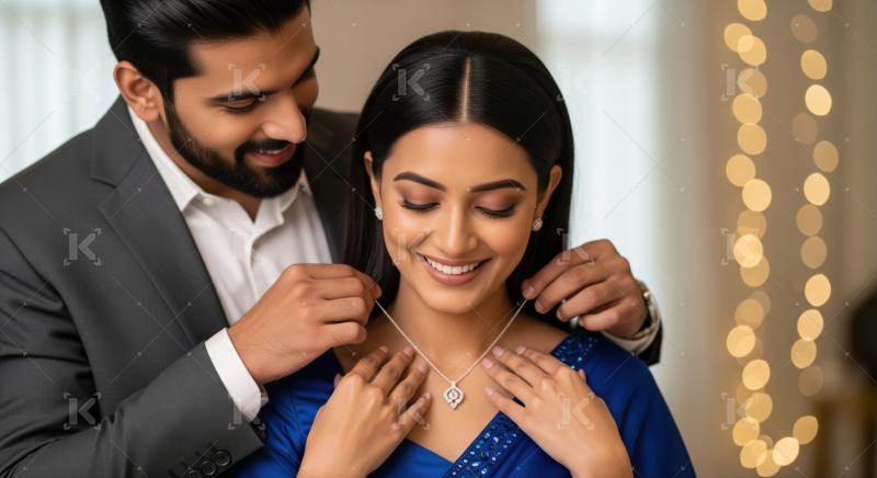A romantic moment, man gifting beautiful diamond necklace to woman.