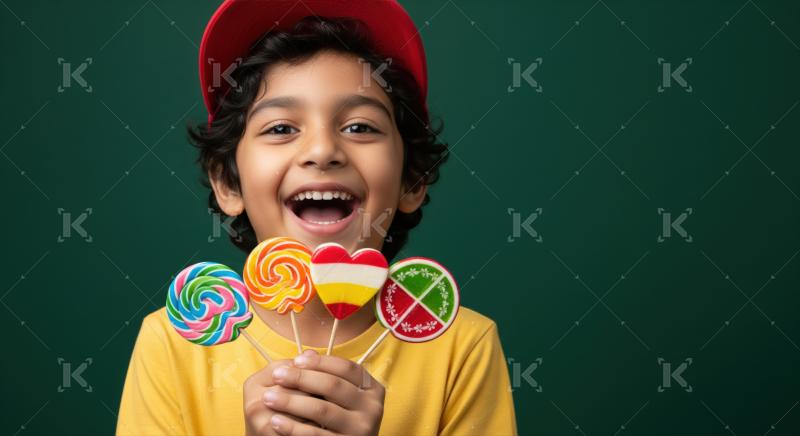 Cheerful young boy joyfully displays four colorful sweet lollipops.
