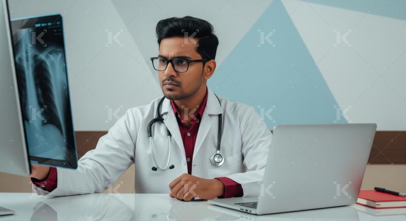 Focused Indian doctor studies chest x-ray on modern monitor.
